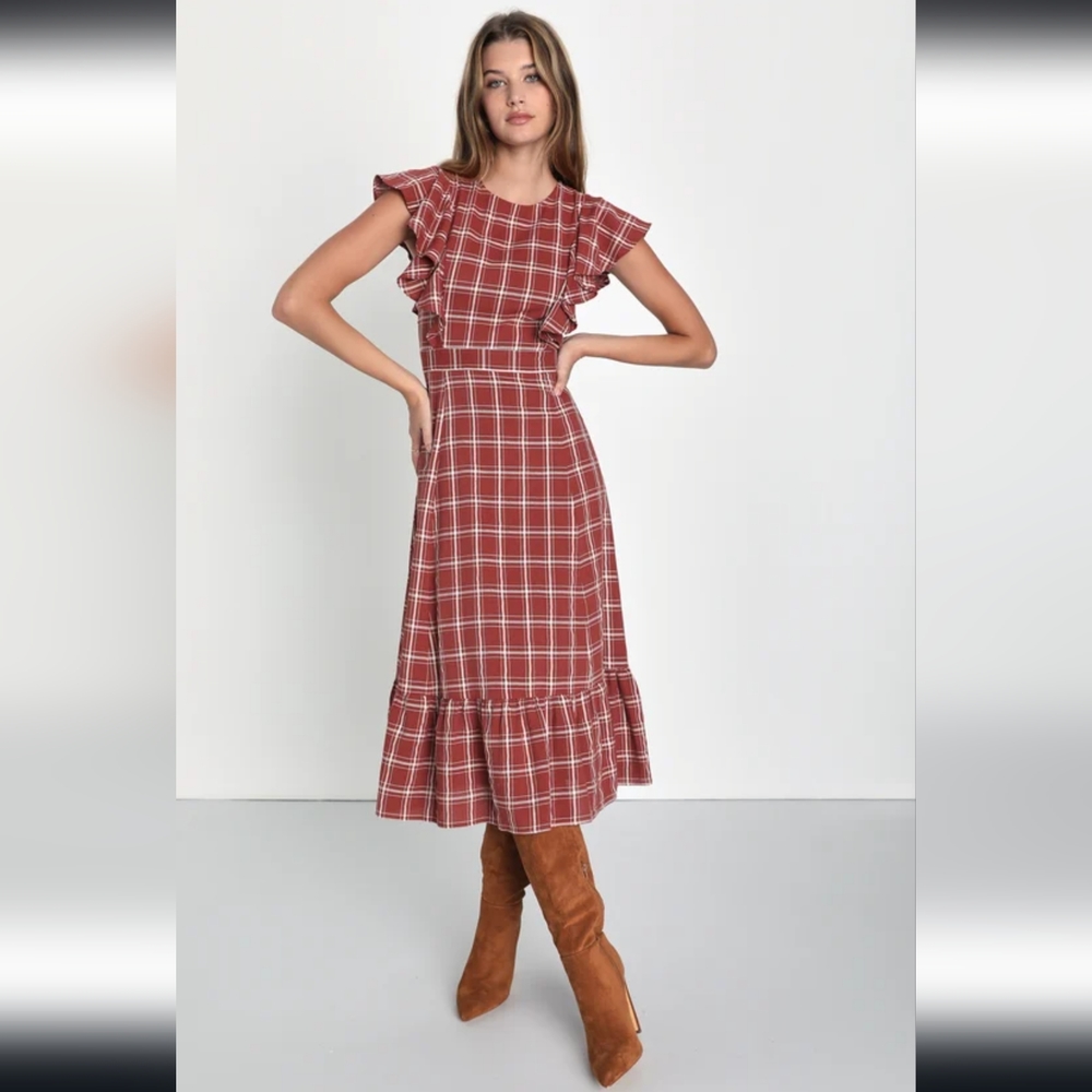 Prairie Persona Rust and White Plaid Short Sleeve Midi Dress